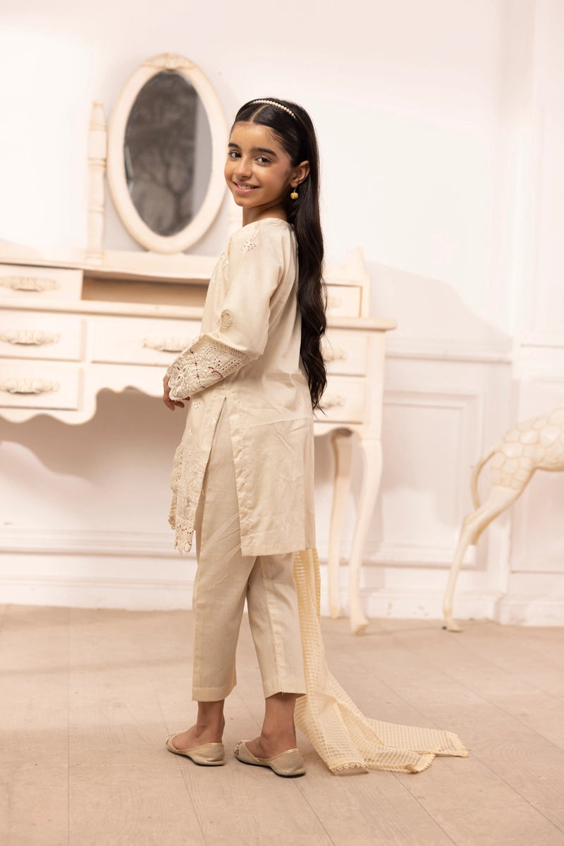 Qalamkar Sahil Inspired Mummy & Me Girls 3 Piece Outfit FK10 Cream