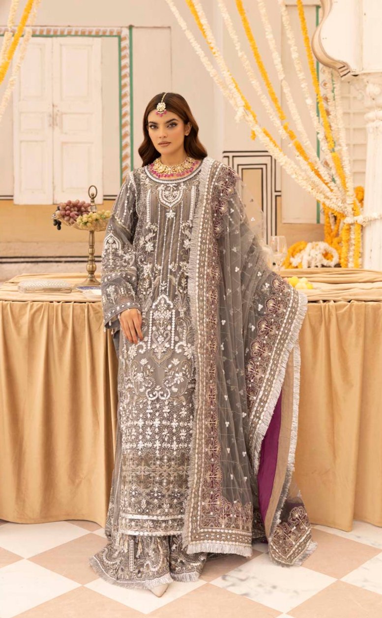 Imrozia Premium Inspired Embroidered Grey 3 Piece Wedding Sharara Outfit - Desi Posh