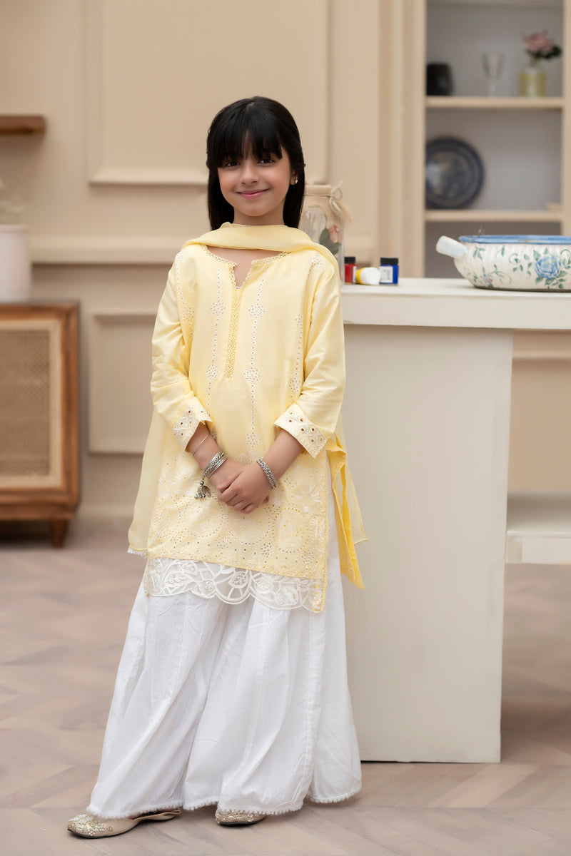 Simrans Mummy & Me Girls Chikan Kari Yellow Suit - Desi Posh
