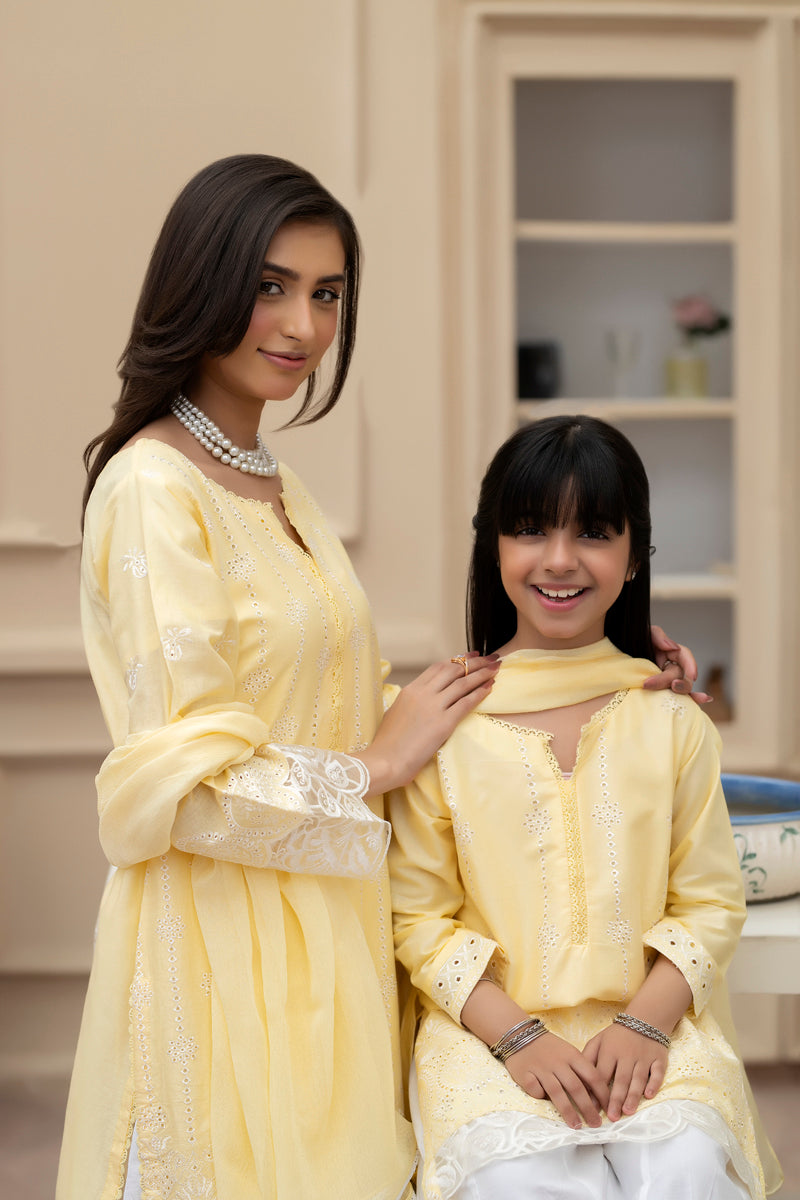 Simrans Mummy & Me Girls Chikan Kari Yellow Suit - Desi Posh