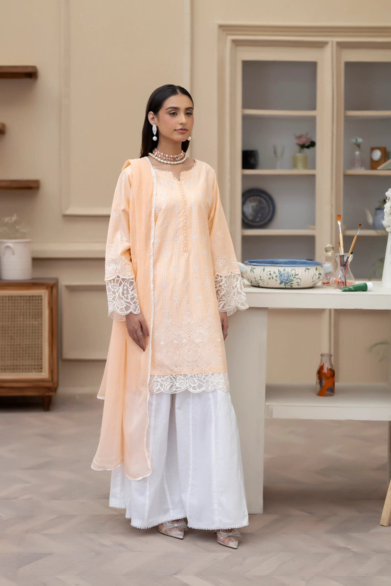 Simrans Mummy & Me Ladies Chikan Kari Peach Suit - Desi Posh