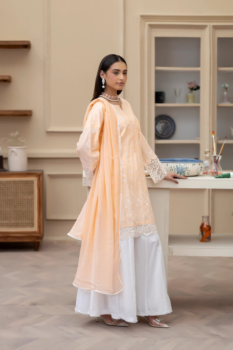 Simrans Mummy & Me Ladies Chikan Kari Peach Suit - Desi Posh