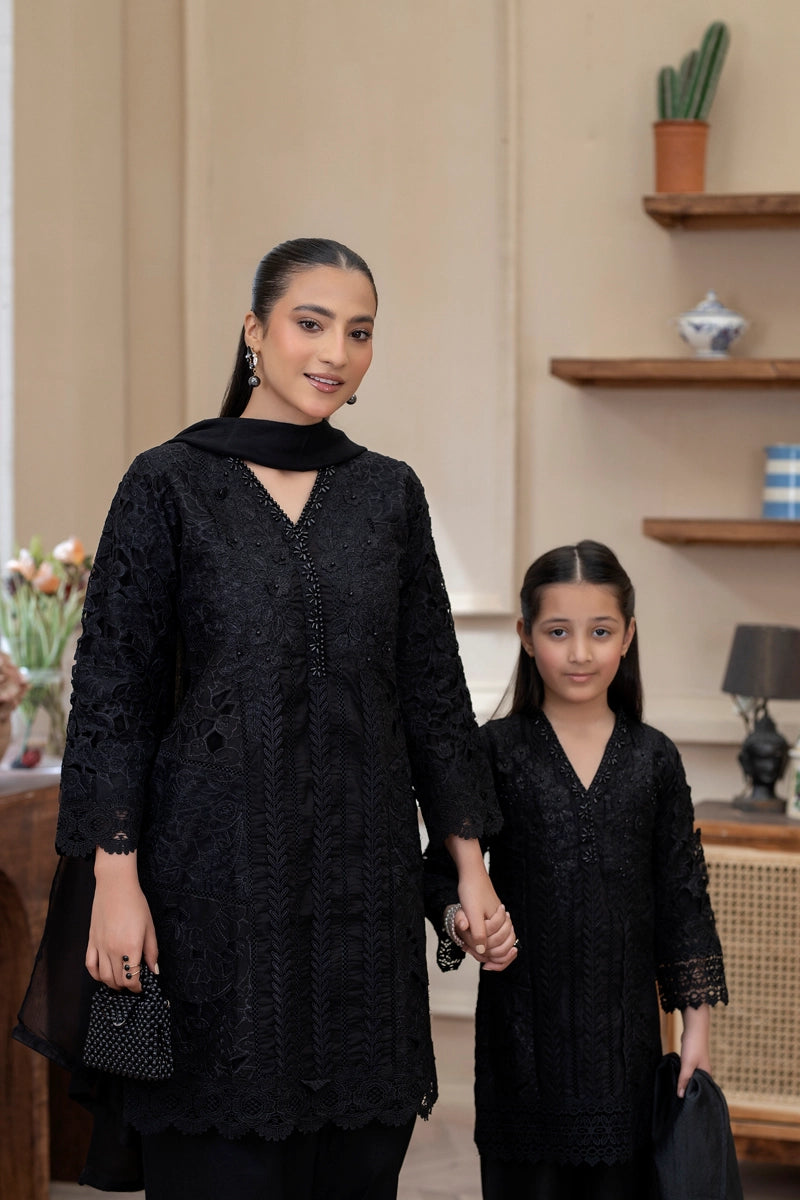 Maria B Inspired Girls Black Chikan Kari Mummy & Me Eid Outfit - Desi Posh