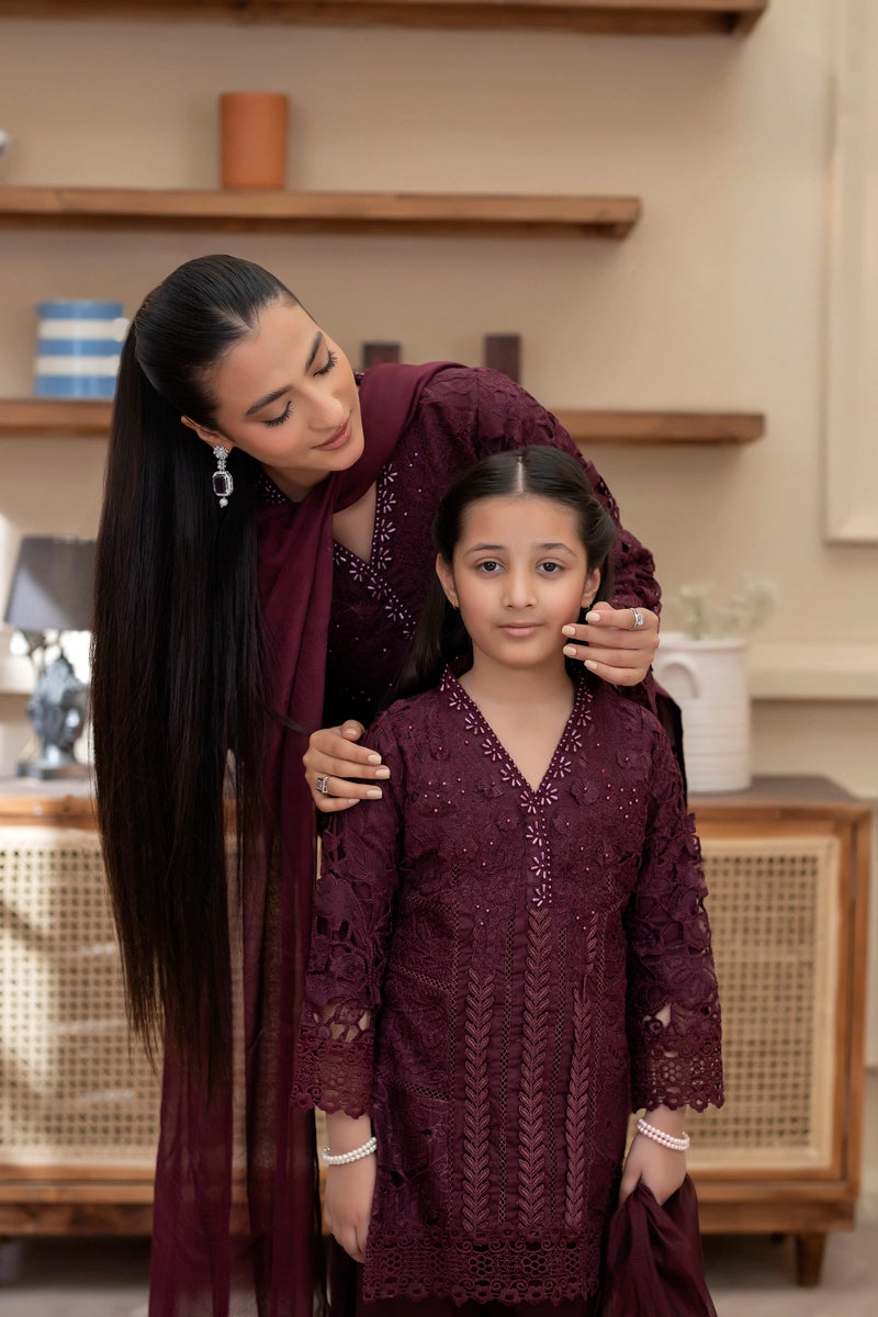 Maria B Inspired Girls Purple Chikan Kari Mummy & Me Eid Outfit - Desi Posh