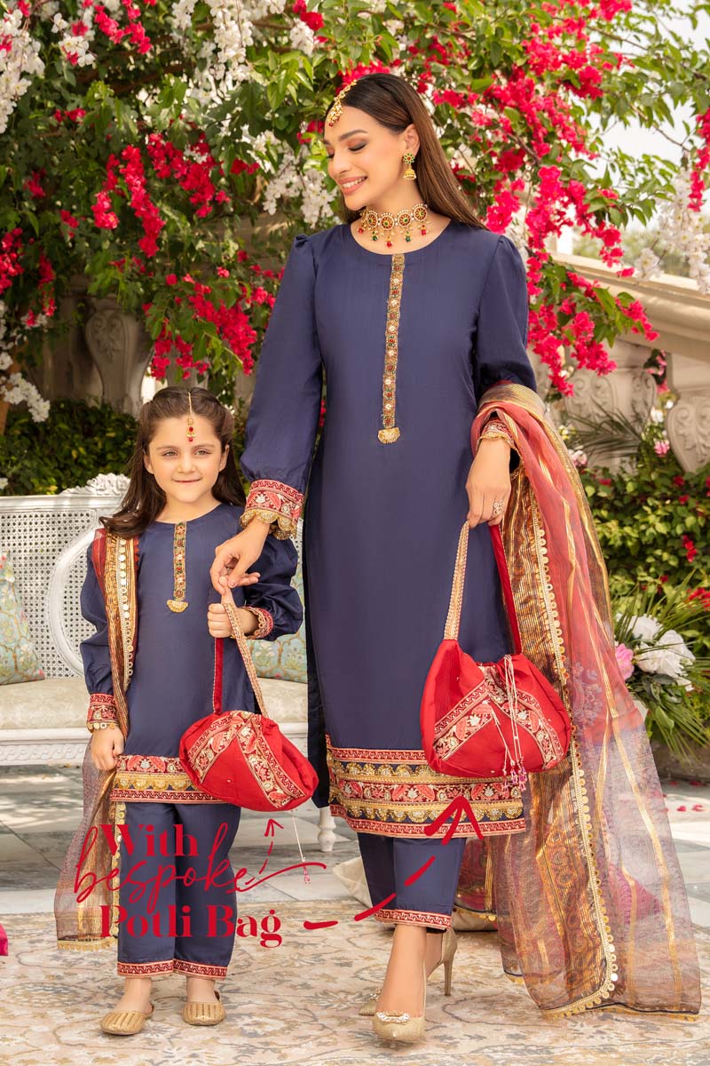 Ivana Mummy & Me Ladies Blue Eid Outfit With clutch Bag 2363 - Desi Posh