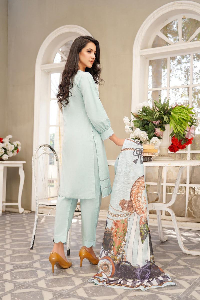 Bin Saeed Mint 3 Piece Suit with Organza Dupatta - Desi Posh
