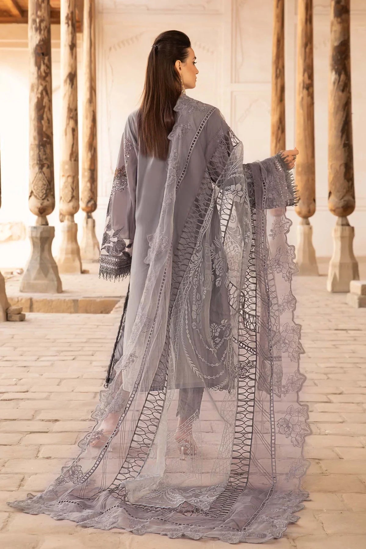 Maria B Inspired Embroidered Lawn Grey 3 Piece Outfit With Net Dupatta - Desi Posh