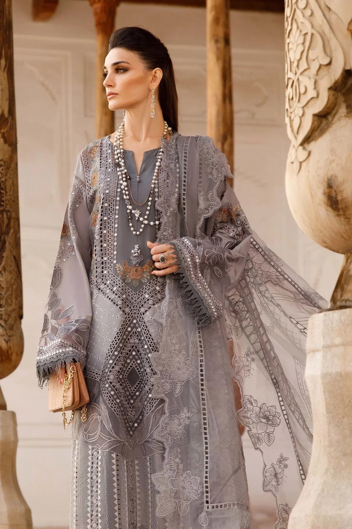 Maria B Inspired Embroidered Lawn Grey 3 Piece Outfit With Net Dupatta - Desi Posh