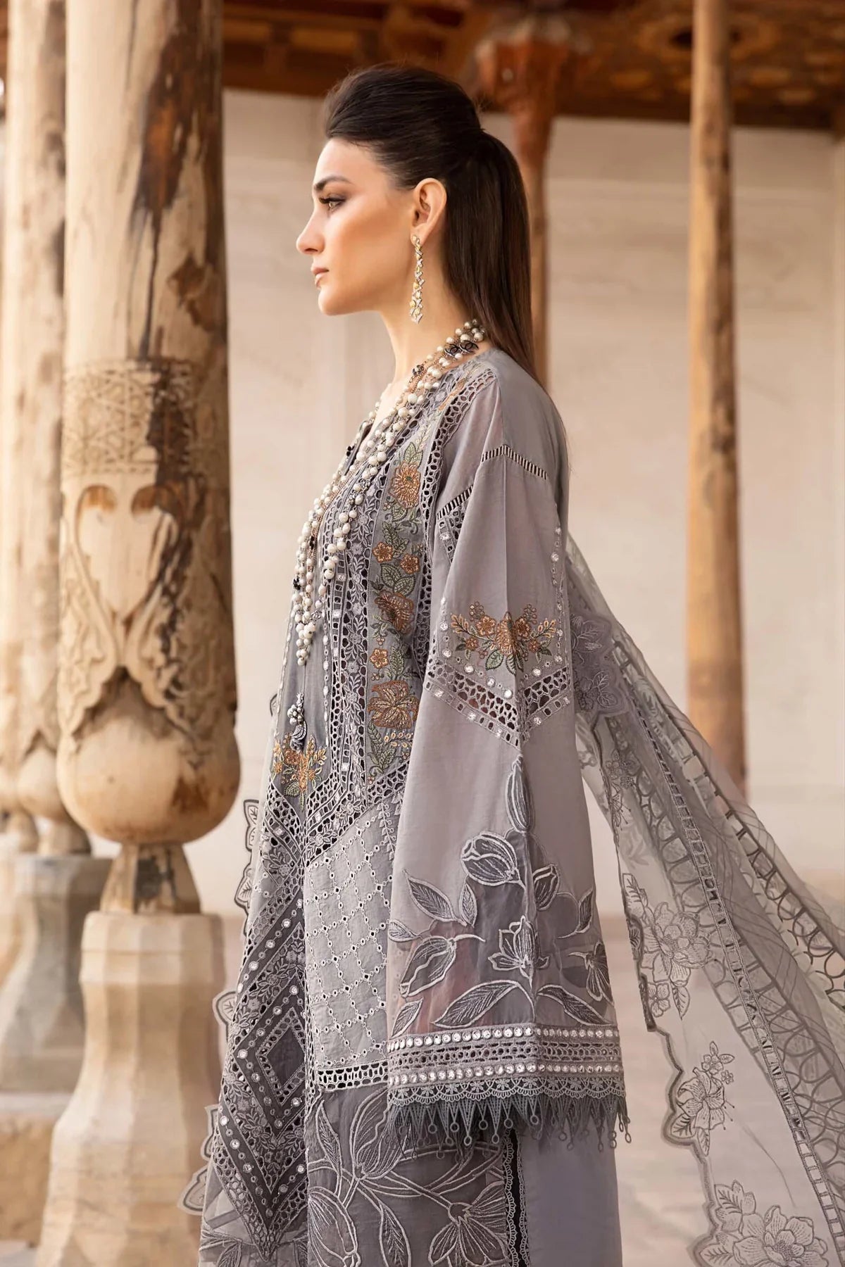 Maria B Inspired Embroidered Lawn Grey 3 Piece Outfit With Net Dupatta - Desi Posh