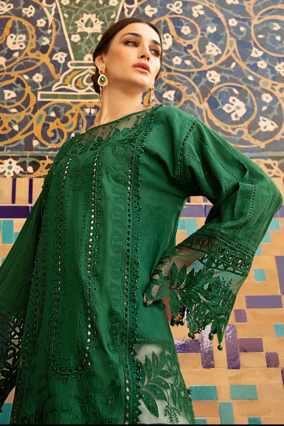 Maria B Inspired Embroidered Lawn Green 3 Piece Outfit With Net Dupatta - Desi Posh