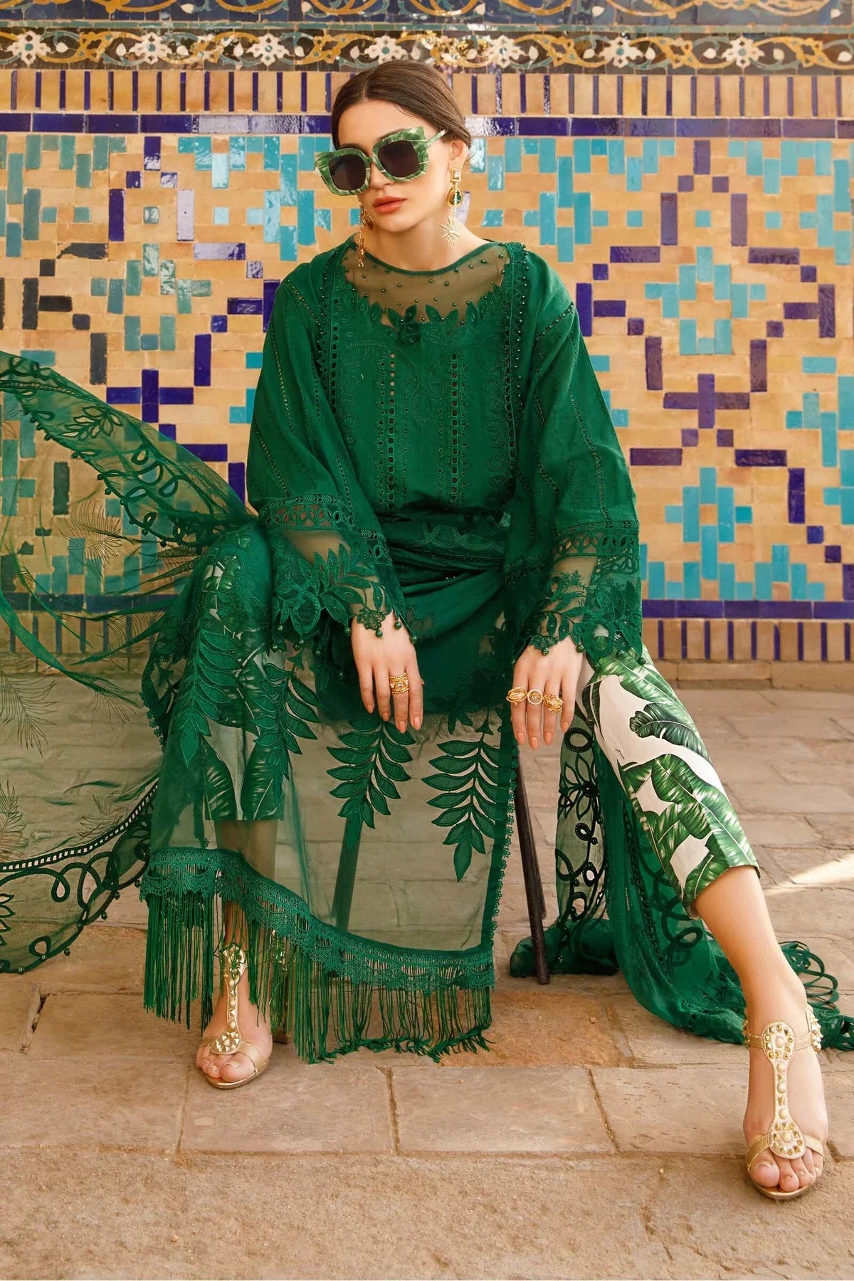 Maria B Inspired Embroidered Lawn Green 3 Piece Outfit With Net Dupatta - Desi Posh