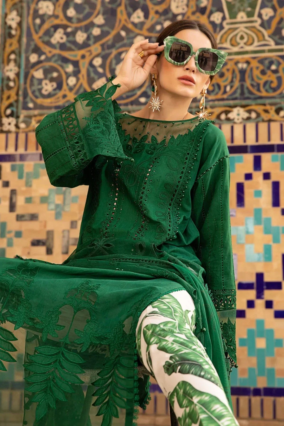 Maria B Inspired Embroidered Lawn Green 3 Piece Outfit With Net Dupatta - Desi Posh