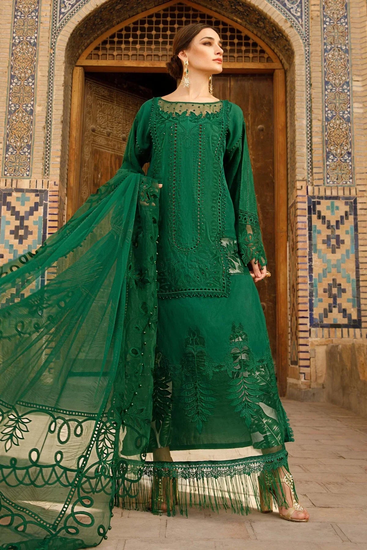 Maria B Inspired Embroidered Lawn Green 3 Piece Outfit With Net Dupatta - Desi Posh