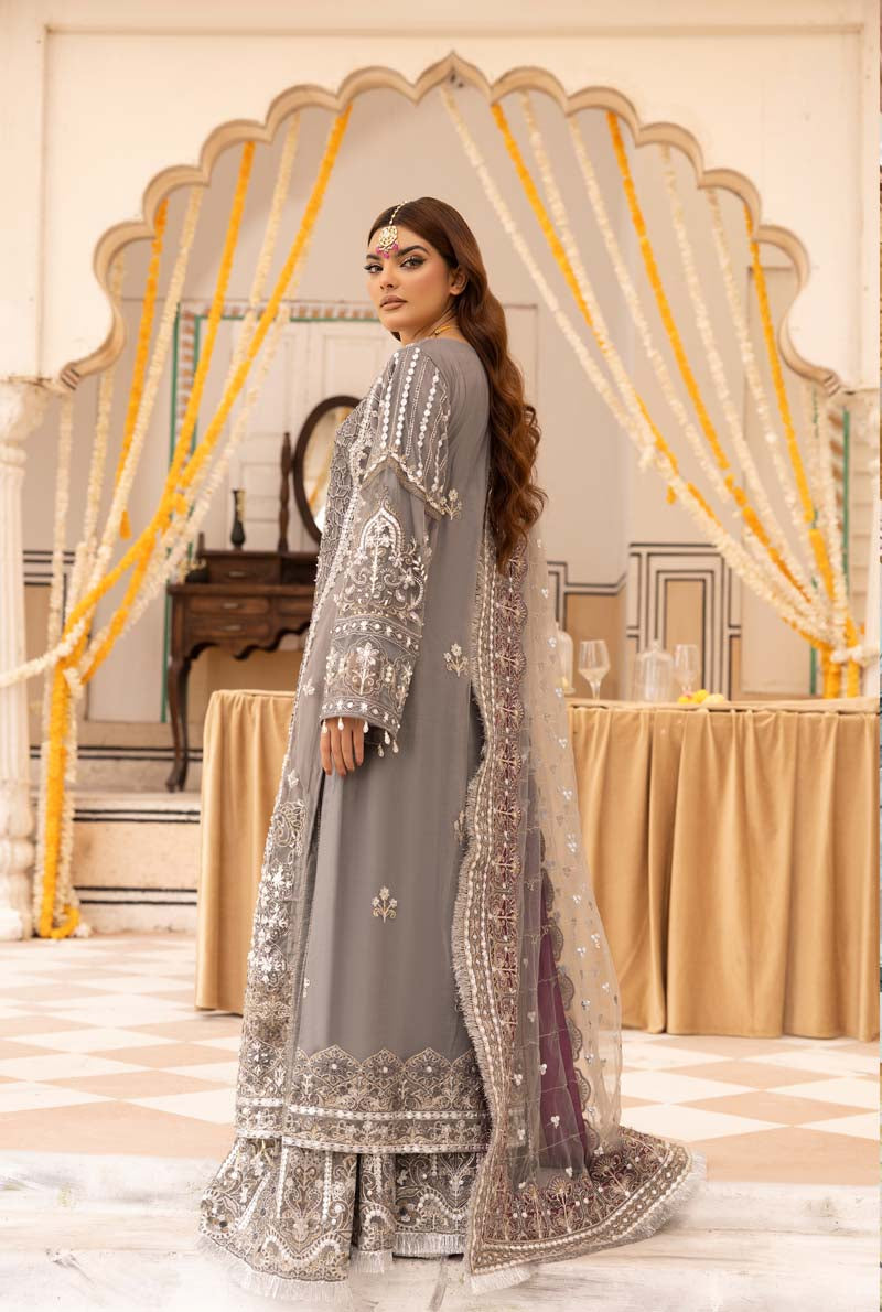 Imrozia Premium Inspired Embroidered Grey 3 Piece Wedding Sharara Outfit - Desi Posh