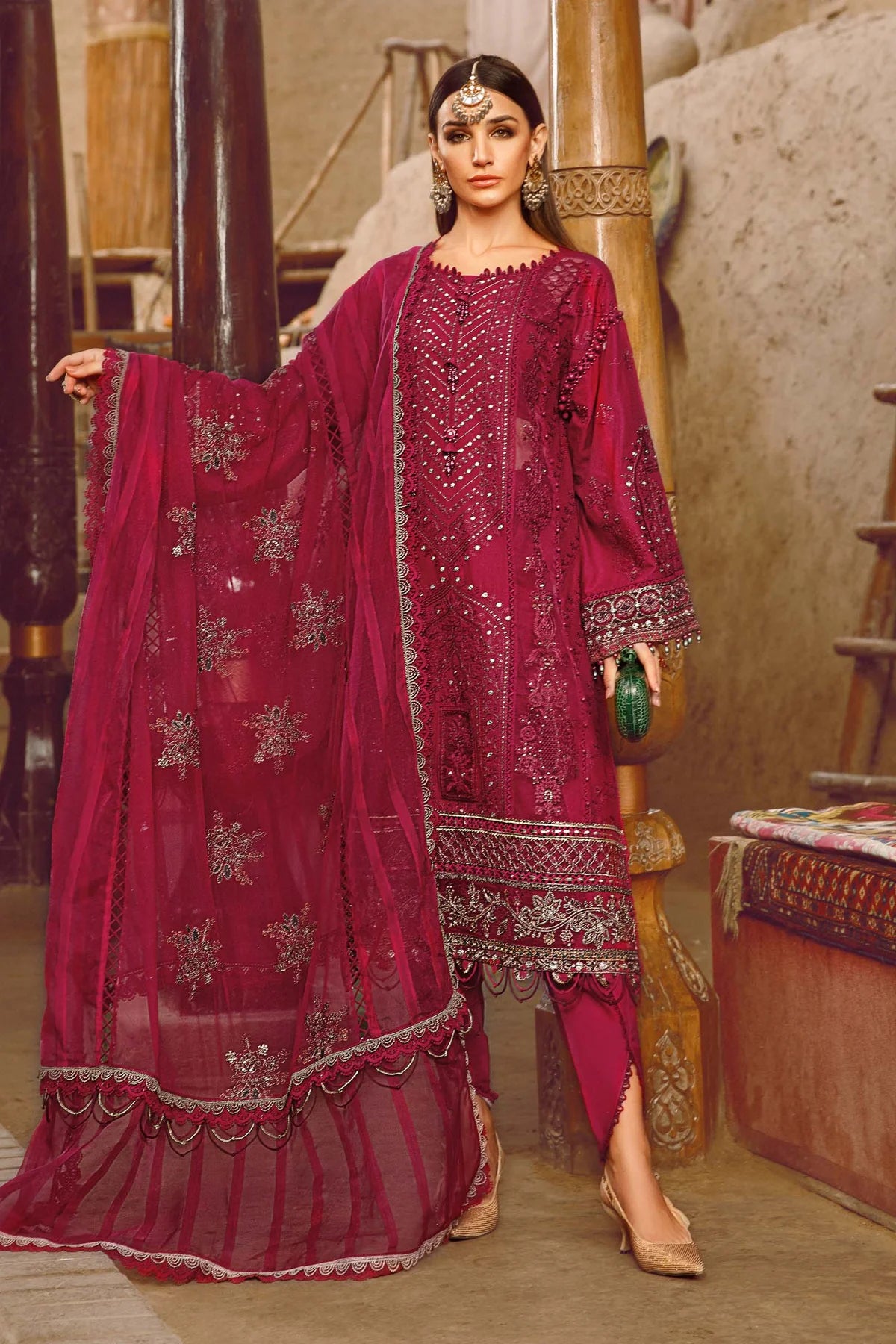 Maria B Inspired Embroidered Crimson 3 Piece Outfit With Net Dupatta - Desi Posh