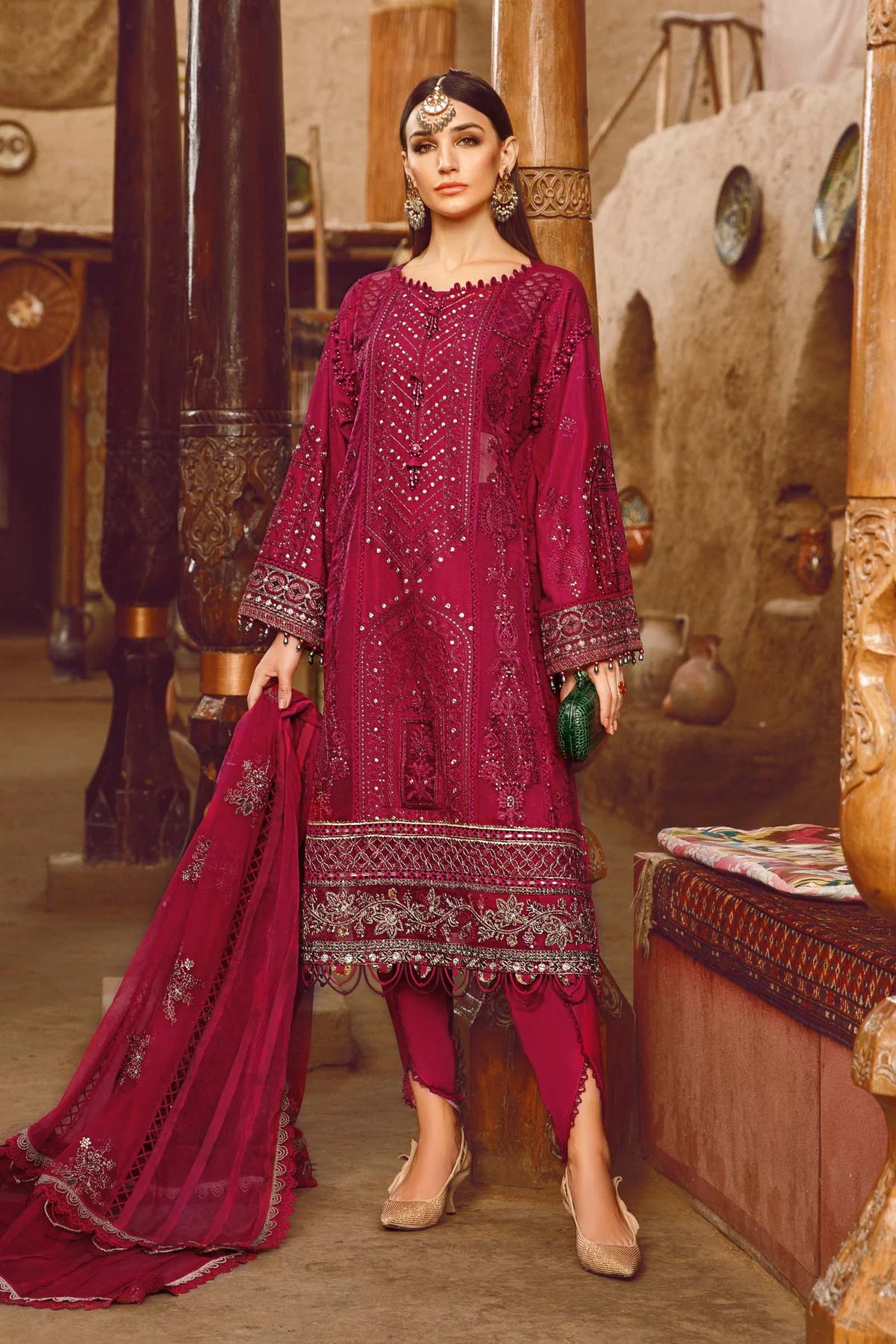 Maria B Inspired Embroidered Crimson 3 Piece Outfit With Net Dupatta - Desi Posh
