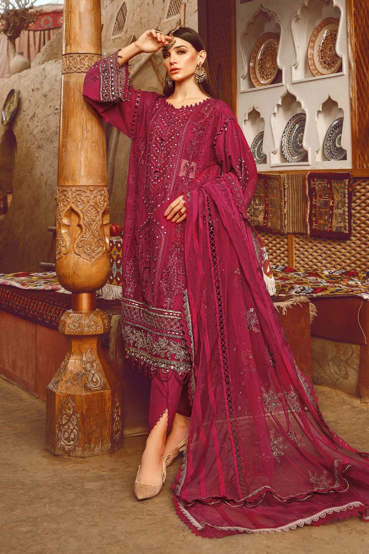Maria B Inspired Embroidered Crimson 3 Piece Outfit With Net Dupatta - Desi Posh