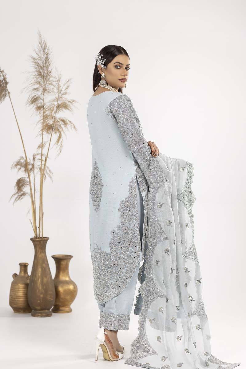 Ladies Designer Formal Ice Blue Trail Wedding 3 Piece Suit - Desi Posh