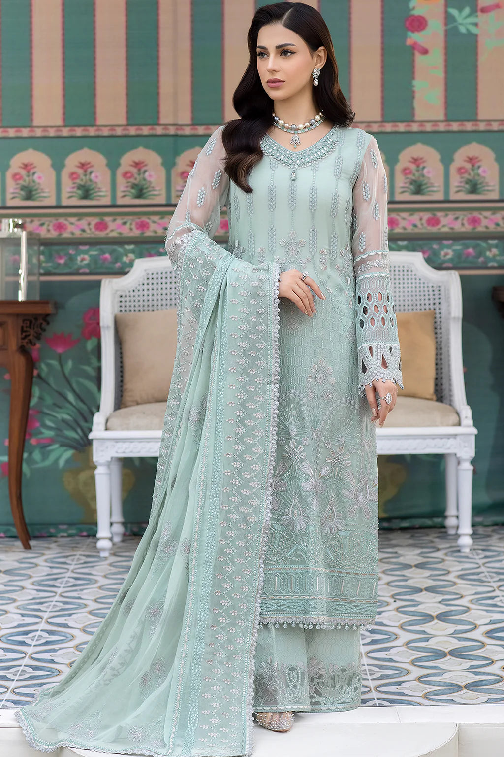 Flossie Shafaq Minty Ladies Embroidered Chiffon Readymade Suit