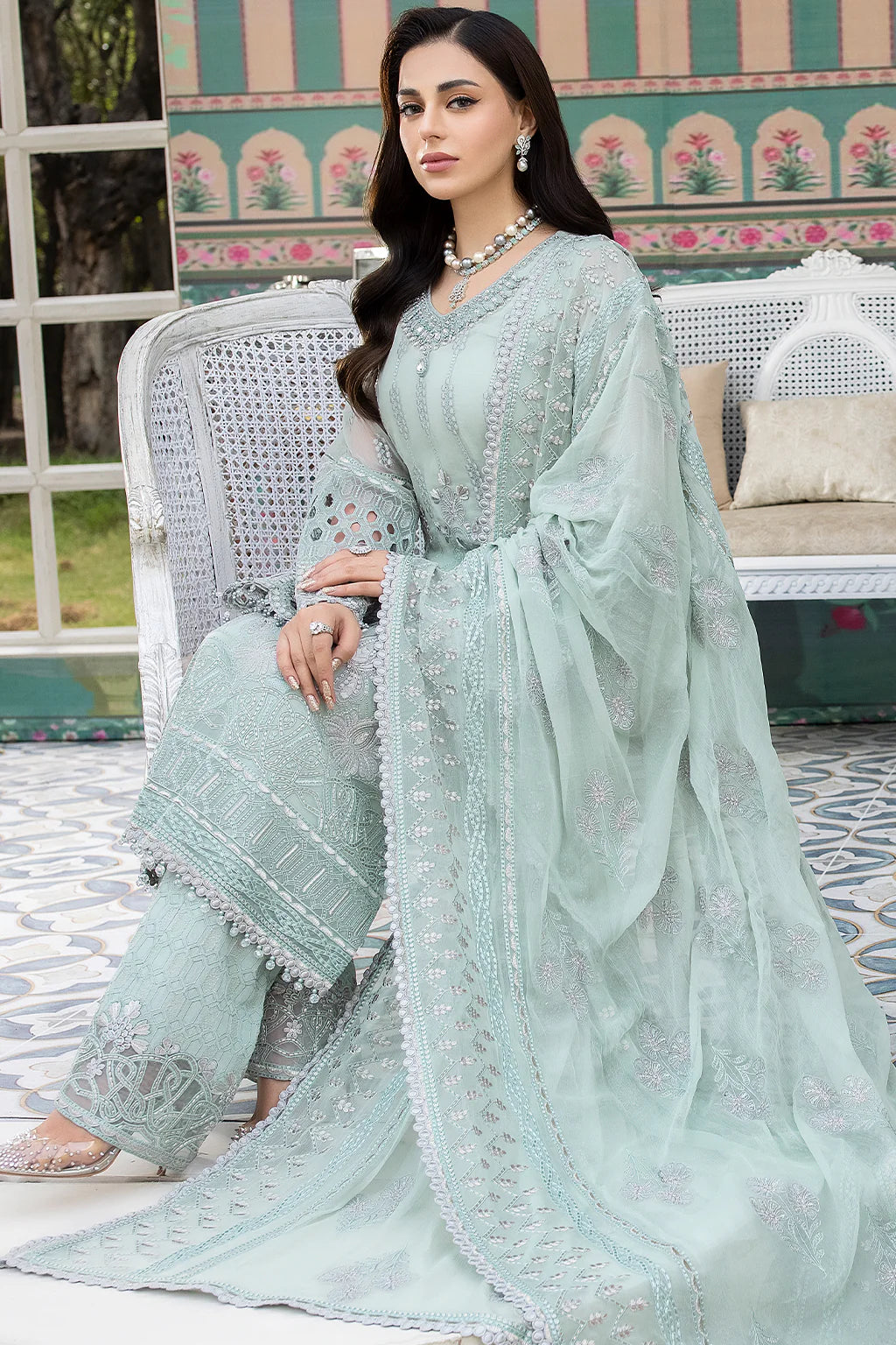 Flossie Shafaq Minty Ladies Embroidered Chiffon Readymade Suit