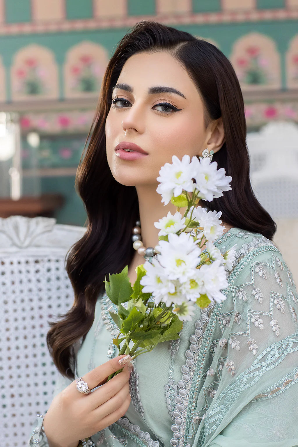 Flossie Shafaq Minty Ladies Embroidered Chiffon Readymade Suit