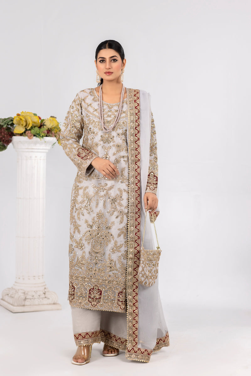 Ladies Pakistani Designer Formal Grey Wedding Suit With Clutch bag - Desi Posh