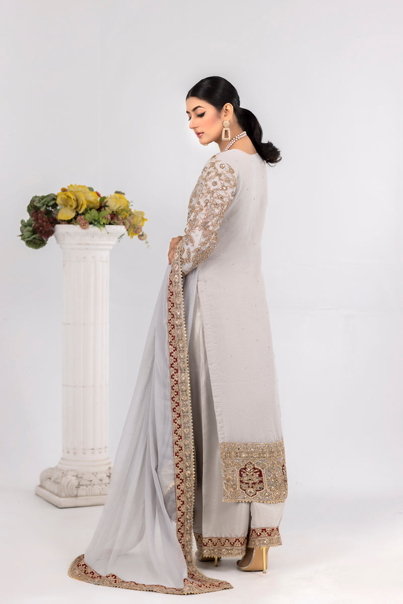 Ladies Pakistani Designer Formal Grey Wedding Suit With Clutch bag - Desi Posh