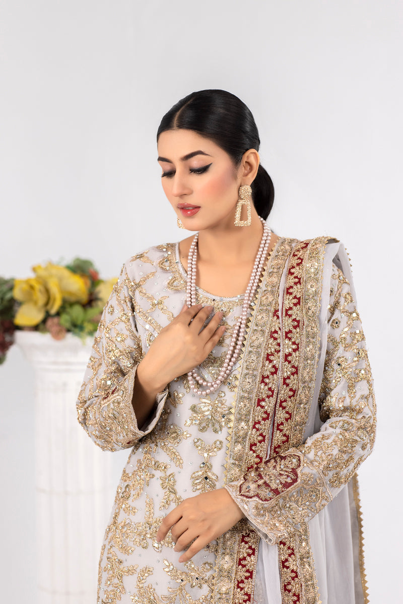 Ladies Pakistani Designer Formal Grey Wedding Suit With Clutch bag - Desi Posh