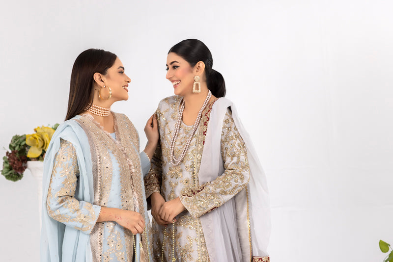 Ladies Pakistani Designer Formal Grey Wedding Suit With Clutch bag - Desi Posh