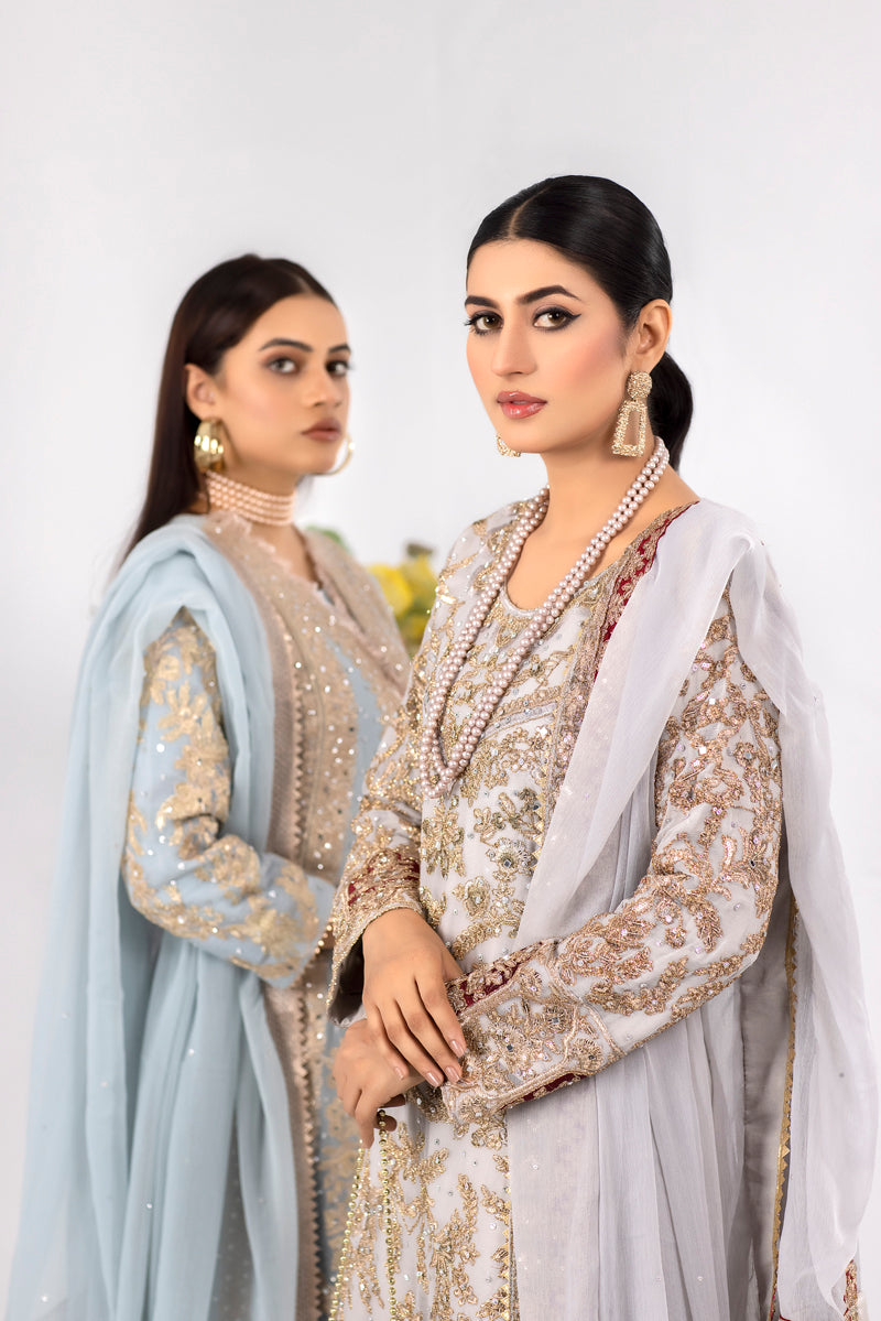Ladies Pakistani Designer Formal Grey Wedding Suit With Clutch bag - Desi Posh