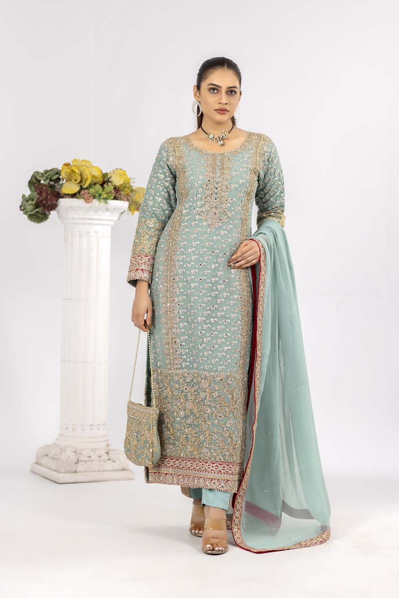 Ladies Designer Formal Mint Wedding Suit With Clutch bag - Desi Posh