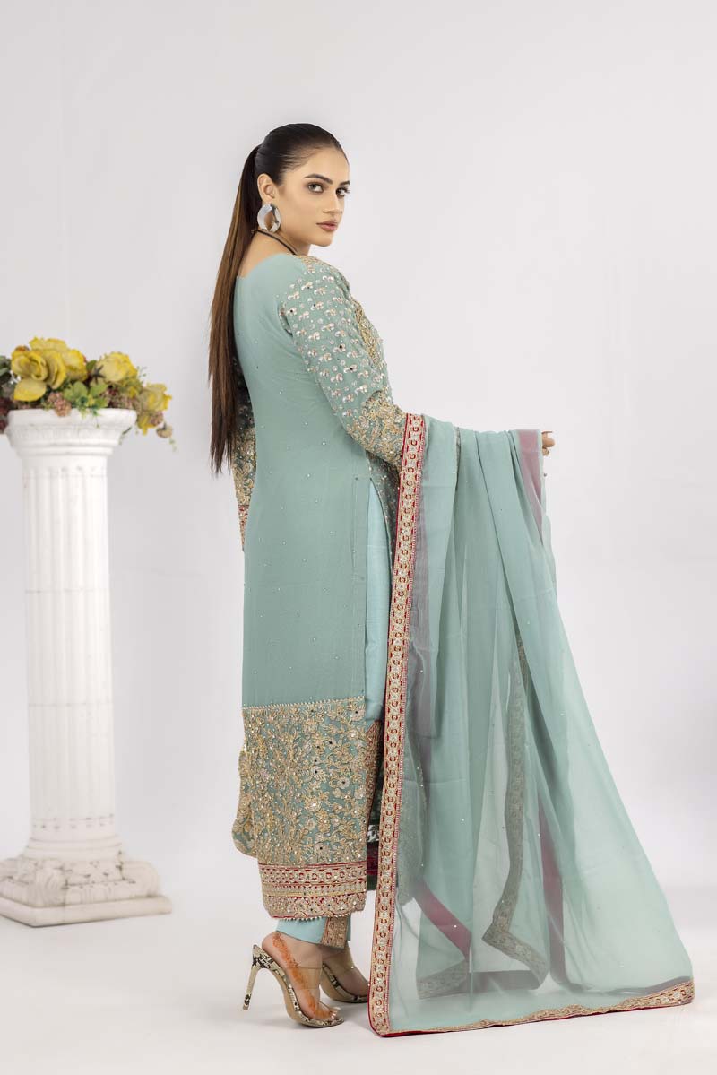 Ladies Designer Formal Mint Wedding Suit With Clutch bag - Desi Posh