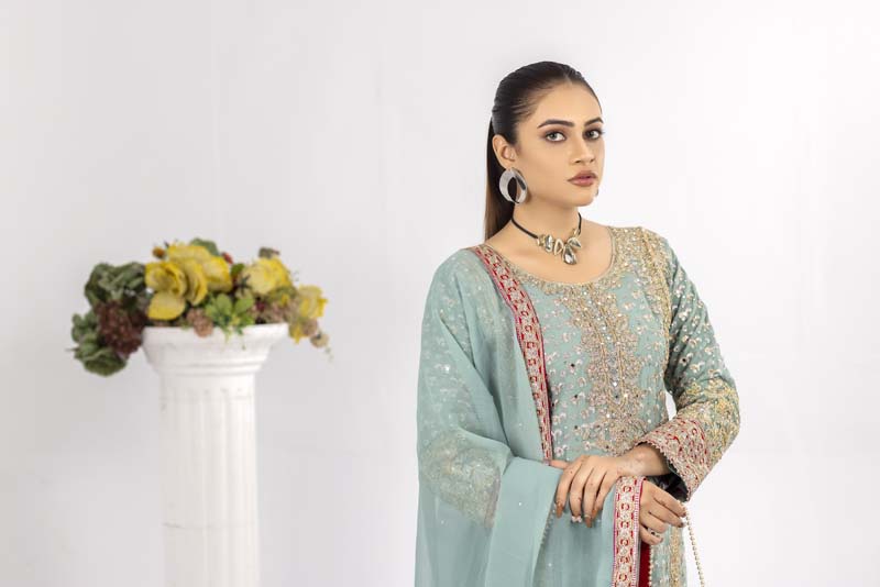 Ladies Designer Formal Mint Wedding Suit With Clutch bag - Desi Posh