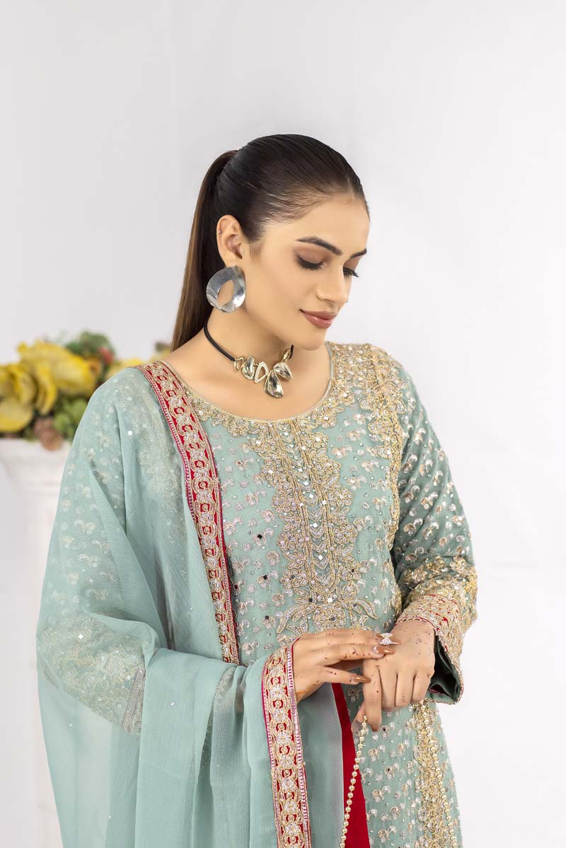 Ladies Designer Formal Mint Wedding Suit With Clutch bag - Desi Posh