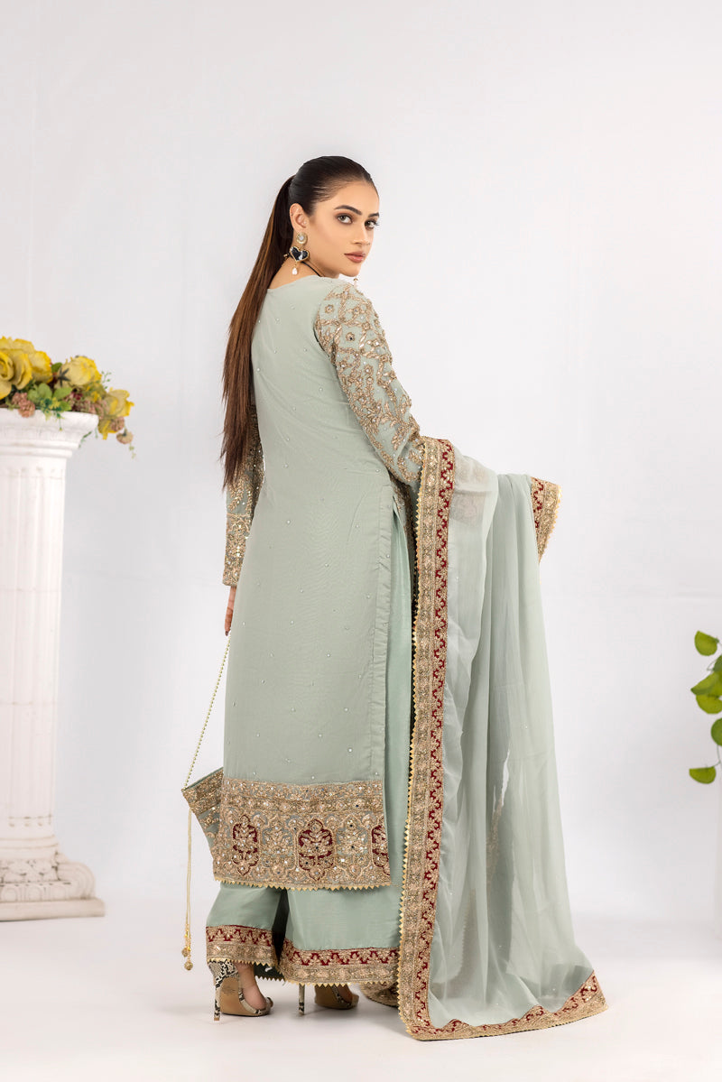 Ladies Pakistani Designer Formal Mint Wedding Suit With Clutch bag - Desi Posh