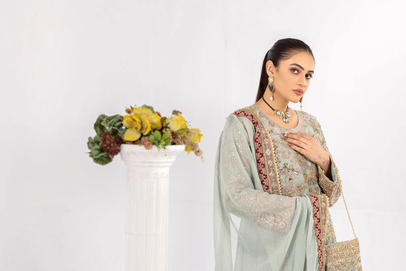 Ladies Pakistani Designer Formal Mint Wedding Suit With Clutch bag - Desi Posh