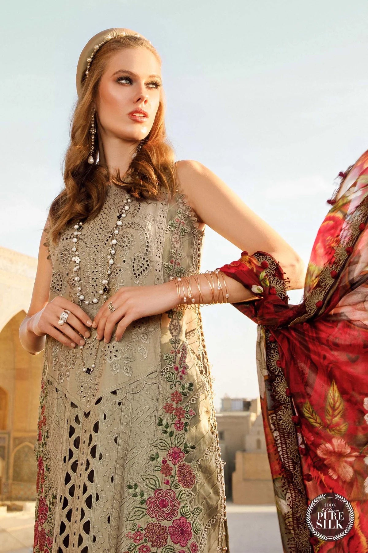 Maria B Inspired Embroidered Light Khaki Lawn Outfit With Full Sleeves - Desi Posh