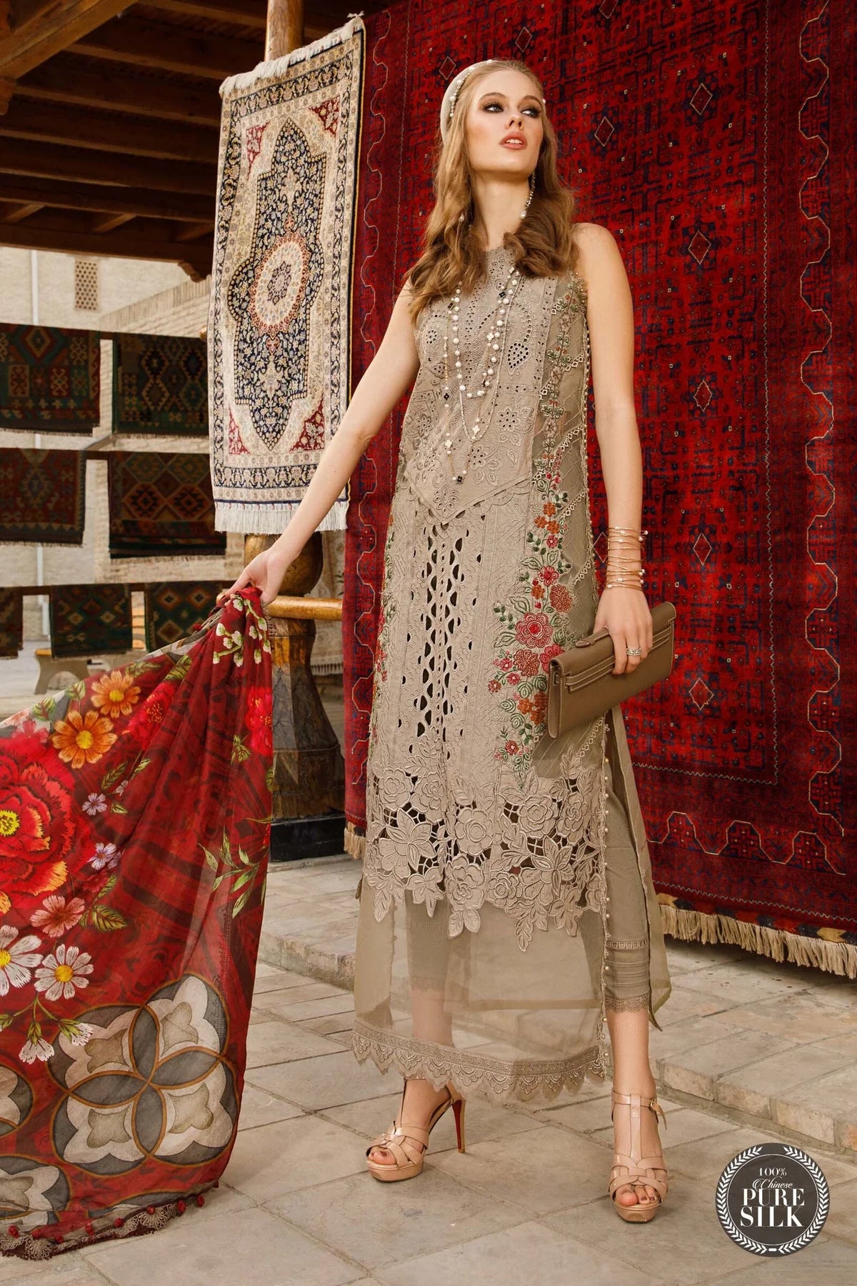 Maria B Inspired Embroidered Light Khaki Lawn Outfit With Full Sleeves - Desi Posh