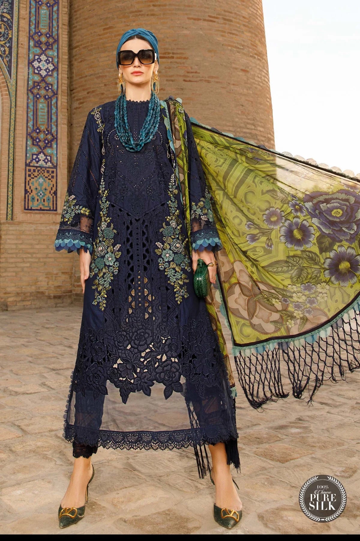 Maria B Inspired Kids Embroidered Navy 3 Piece Outfit With Silk Dupatta - Desi Posh