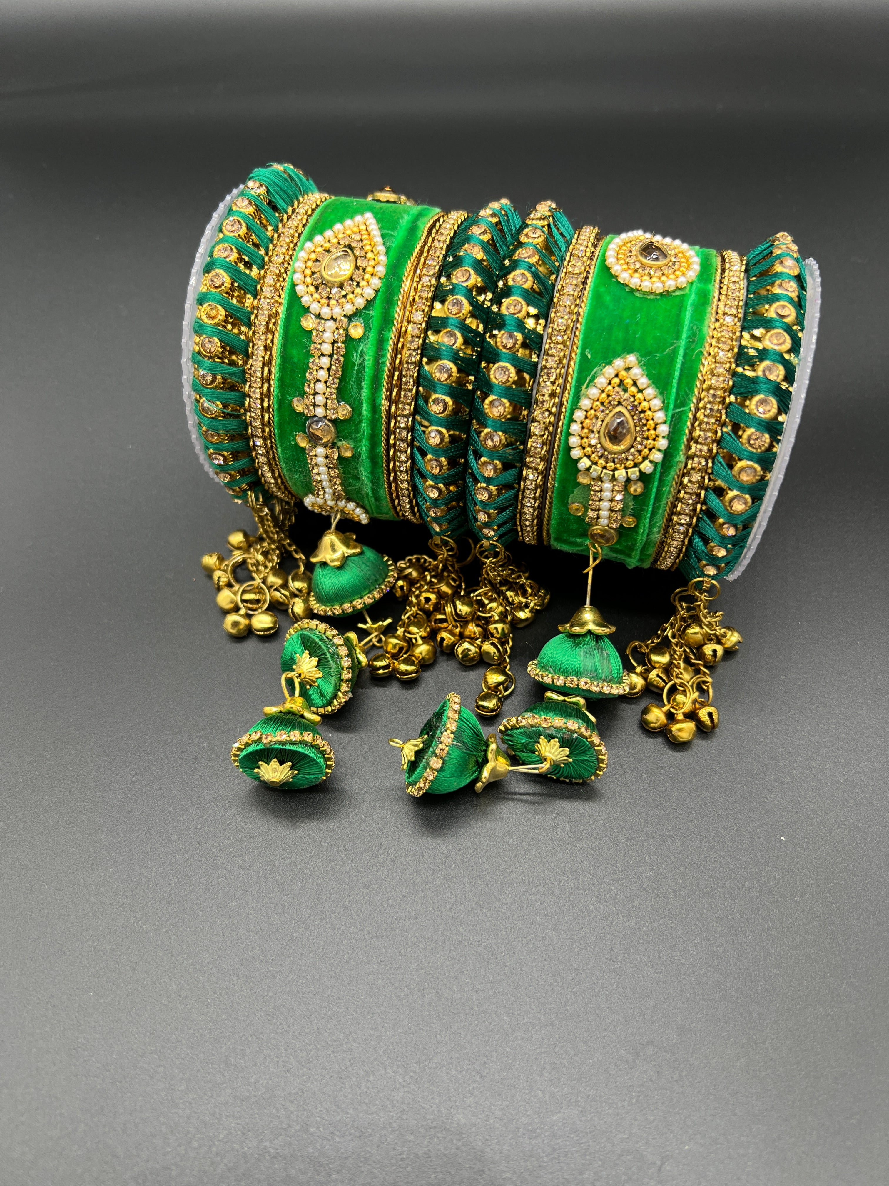 Green Thread and Gold Stone Work Bangles - Desi Posh