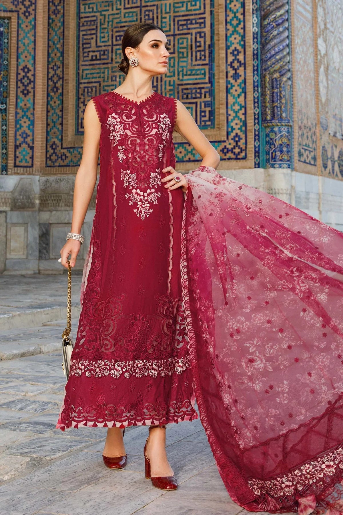 Maria B Inspired Maroon Long Kameez Lawn 3 Piece Outfit With Full Sleeves - Desi Posh
