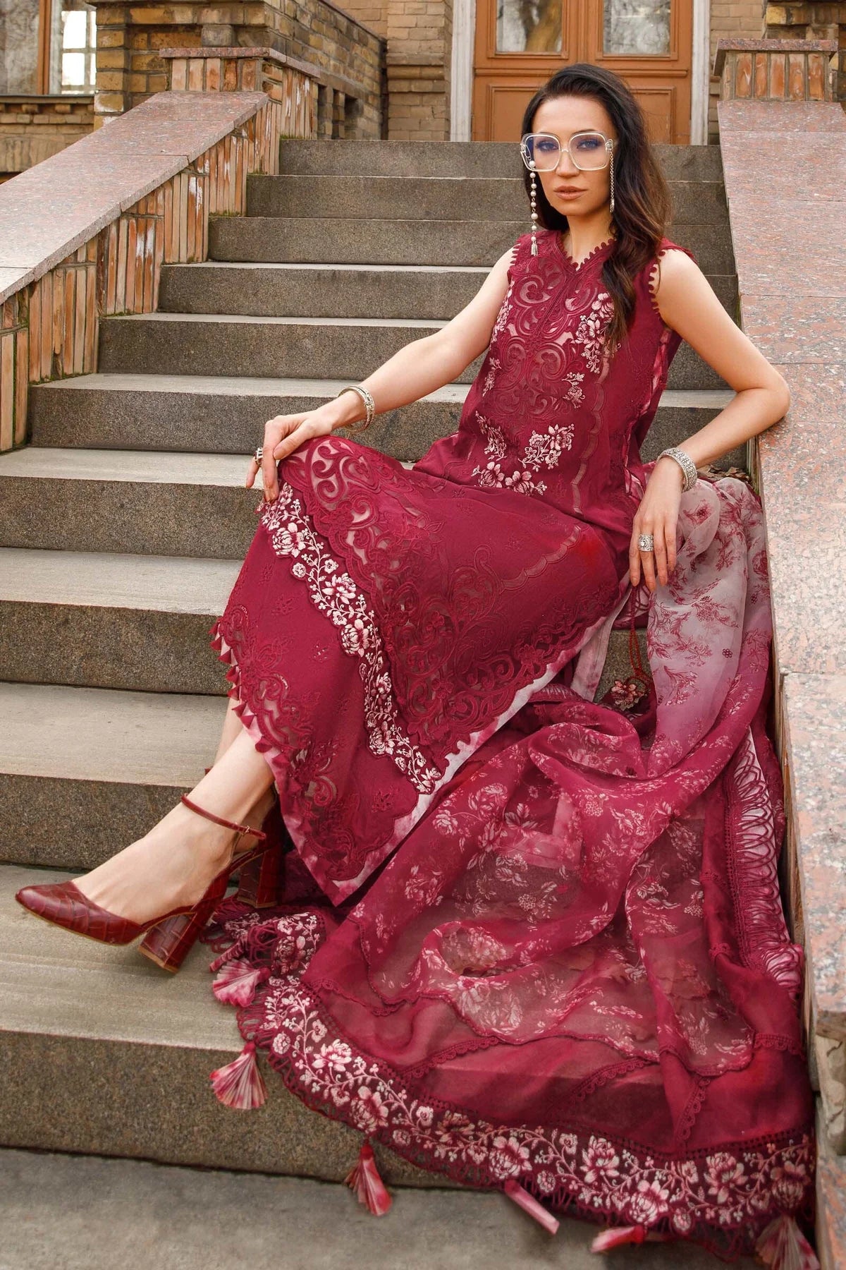 Maria B Inspired Maroon Long Kameez Lawn 3 Piece Outfit With Full Sleeves - Desi Posh