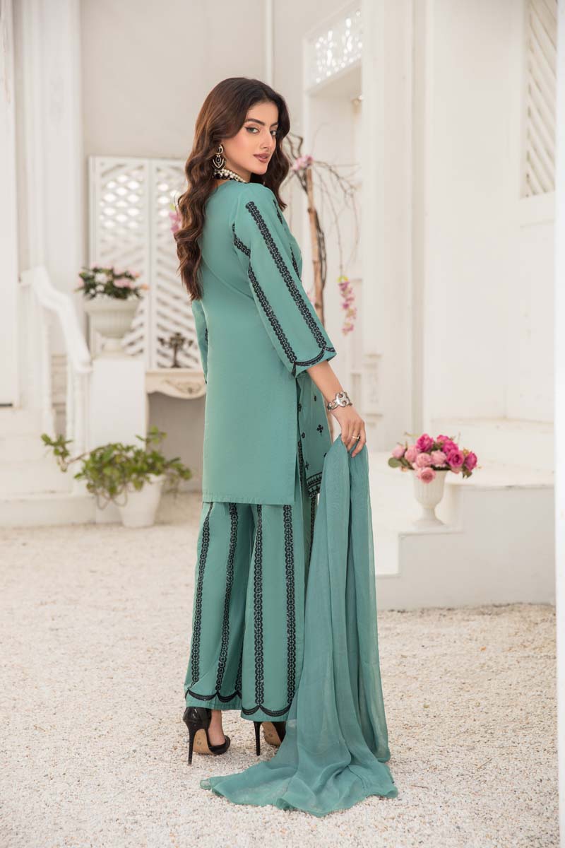 Soraya 3 Piece Short Kameez Embroidered Teal Green Palazzo Suit 913 - Desi Posh
