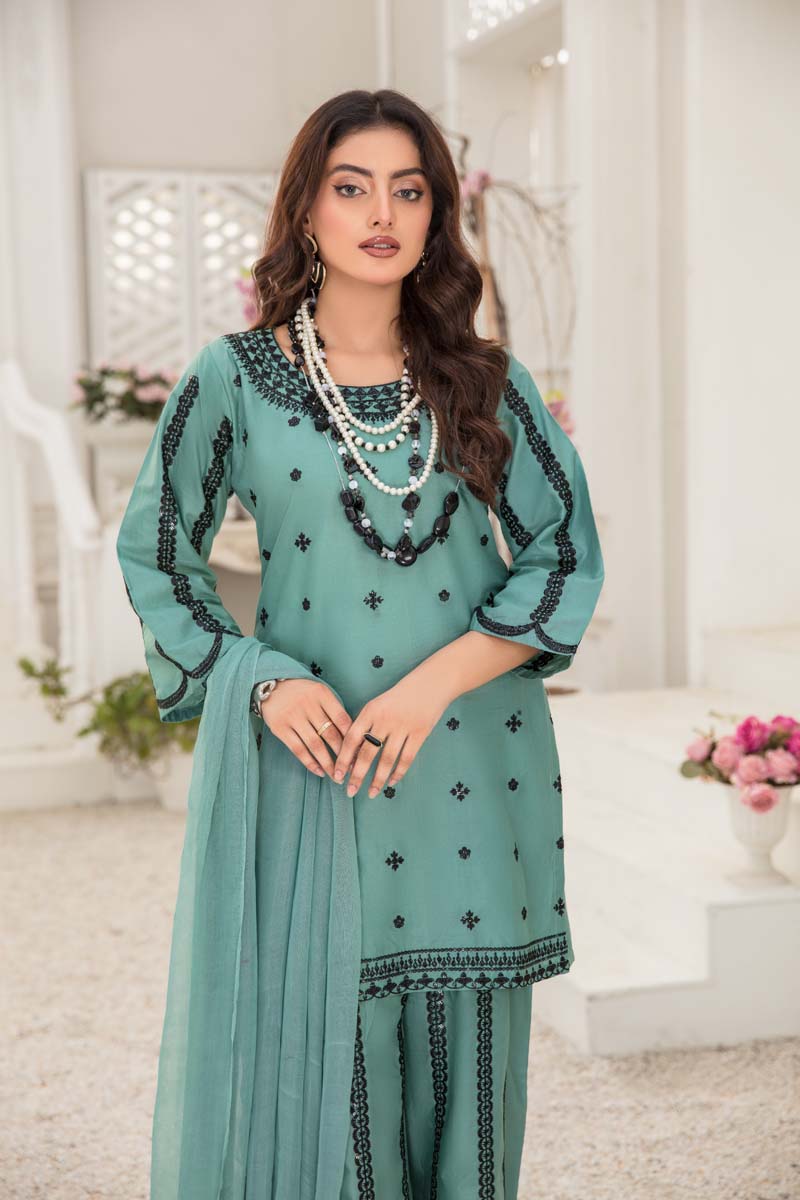Soraya 3 Piece Short Kameez Embroidered Teal Green Palazzo Suit 913 - Desi Posh