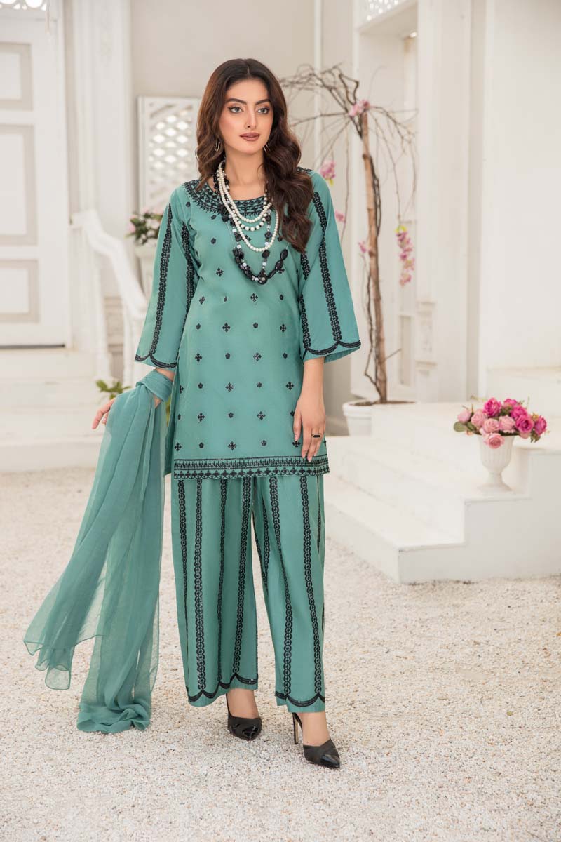 Soraya 3 Piece Short Kameez Embroidered Teal Green Palazzo Suit 913 - Desi Posh
