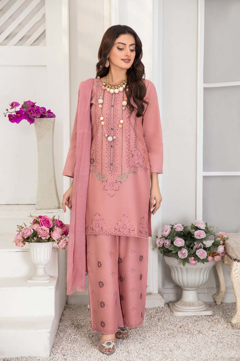 Soraya 3 Piece Short Kameez Embroidered Dusty Pink Palazzo Suit 836 - Desi Posh