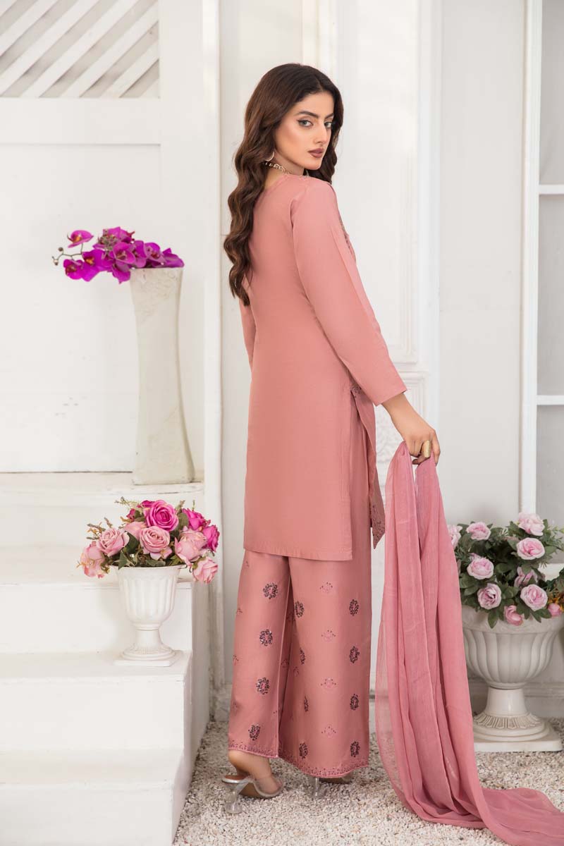 Soraya 3 Piece Short Kameez Embroidered Dusty Pink Palazzo Suit 836 - Desi Posh