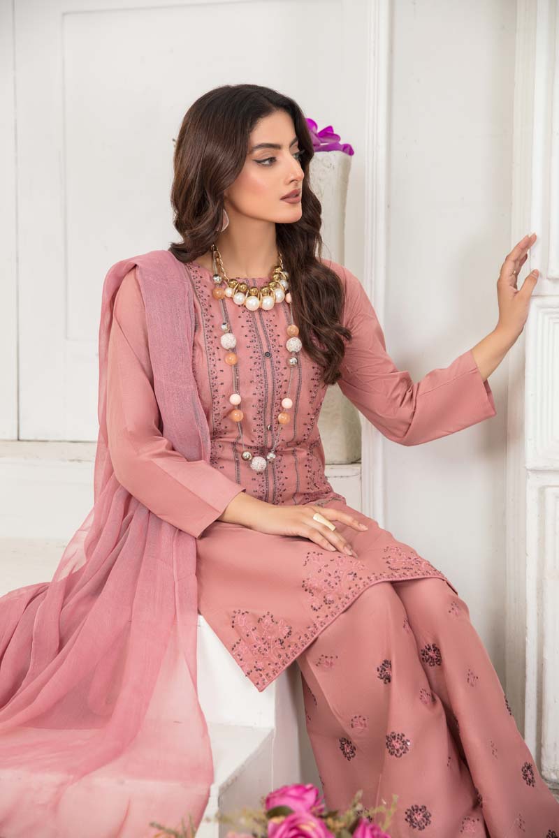 Soraya 3 Piece Short Kameez Embroidered Dusty Pink Palazzo Suit 836 - Desi Posh