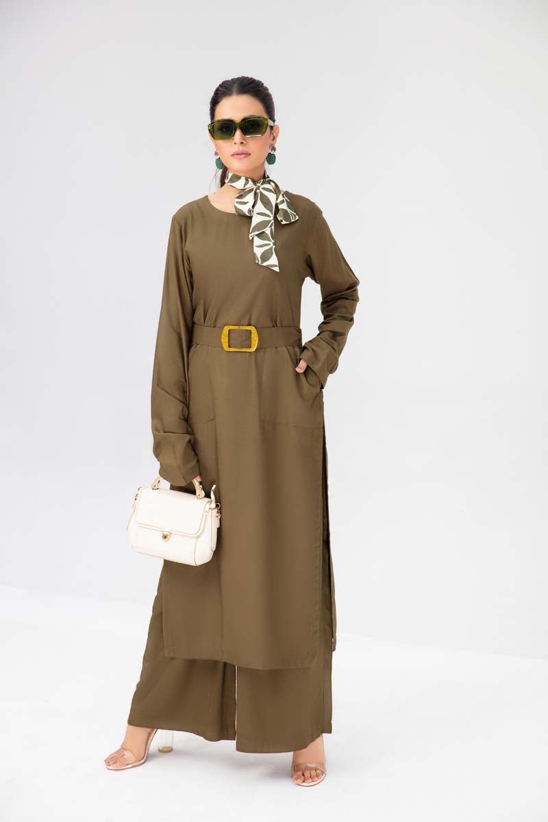 Vogue By Simrans 3 Piece Linen Outfit Mehndi DC01 - Desi Posh