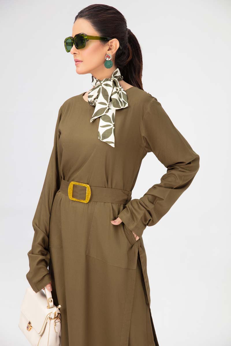 Vogue By Simrans 3 Piece Linen Outfit Mehndi DC01 - Desi Posh